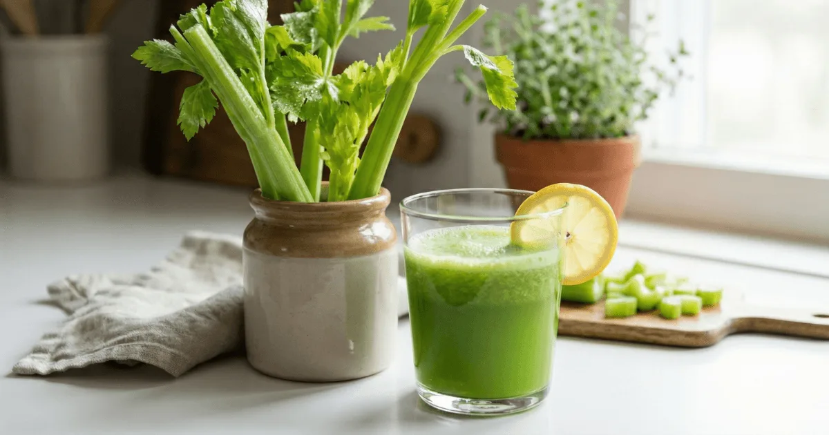 A glass of fresh celery juice beside whole celery stalks, showcasing the natural ingredients used to prepare nutrient-rich celery juice. This image visually supports the health benefits discussed in the blog post.