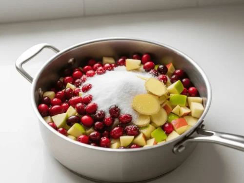 A saucepan filled with cranberries, chopped apples, spices, and vinegar before cooking, showing all ingredients ready to simmer.