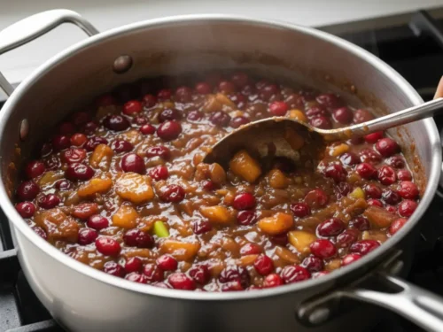 Cranberry apple chutney bubbling gently on the stove as the fruit softens and the mixture thickens.