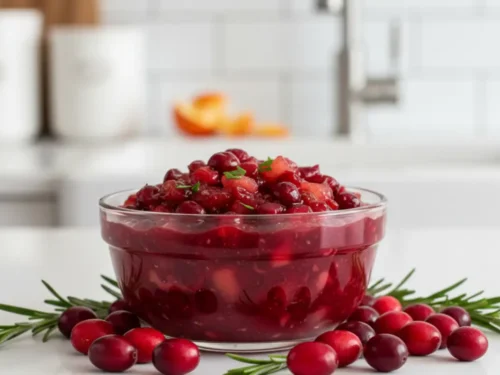 Freshly cooked cranberry chutney cooling in a container, showing how it thickens as it cools.