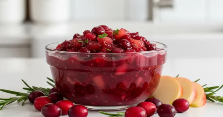 A bowl of sweet and spicy cranberry apple chutney surrounded by fresh cranberries and apples, showcasing its glossy, vibrant texture.