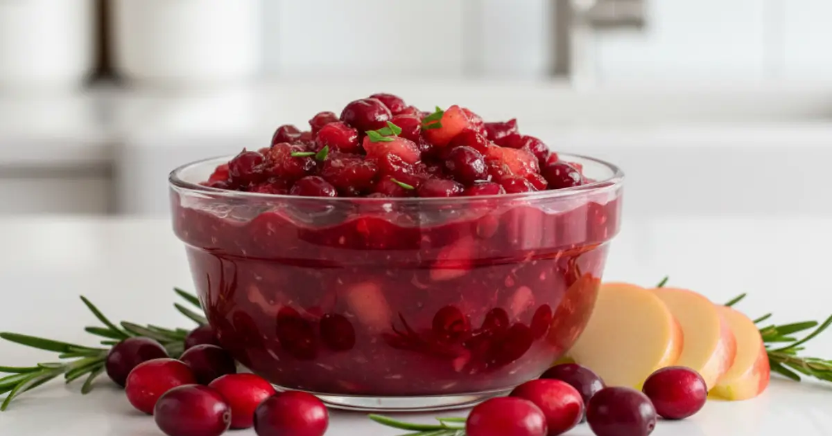 A bowl of sweet and spicy cranberry apple chutney surrounded by fresh cranberries and apples, showcasing its glossy, vibrant texture.