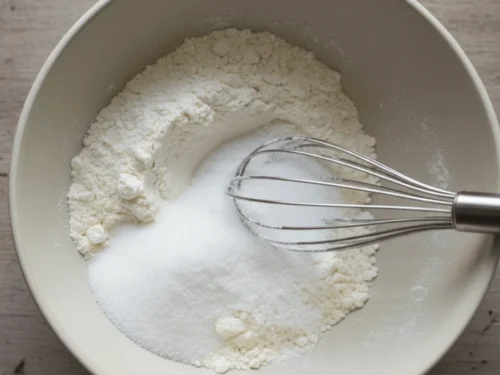 A bowl of flour, sugar, baking powder, and salt being whisked together to prepare the muffin base.