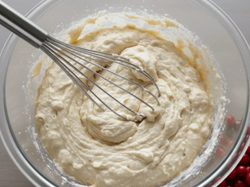 A bowl of muffin batter being mixed lightly until just combined, showing the proper lumpy texture.
