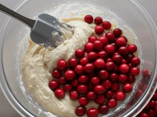Fresh halved cranberries being folded gently into muffin batter to evenly distribute the berries.