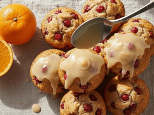 Smooth orange glaze being spooned over cooled cranberry orange muffins.