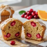 Freshly baked cranberry orange muffins displayed with whole cranberries and an orange, showcasing their golden tops and bright berry pieces.