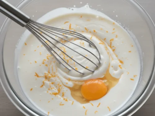 Buttermilk, oil, egg, and orange zest being whisked together to create the wet mixture for the muffins.