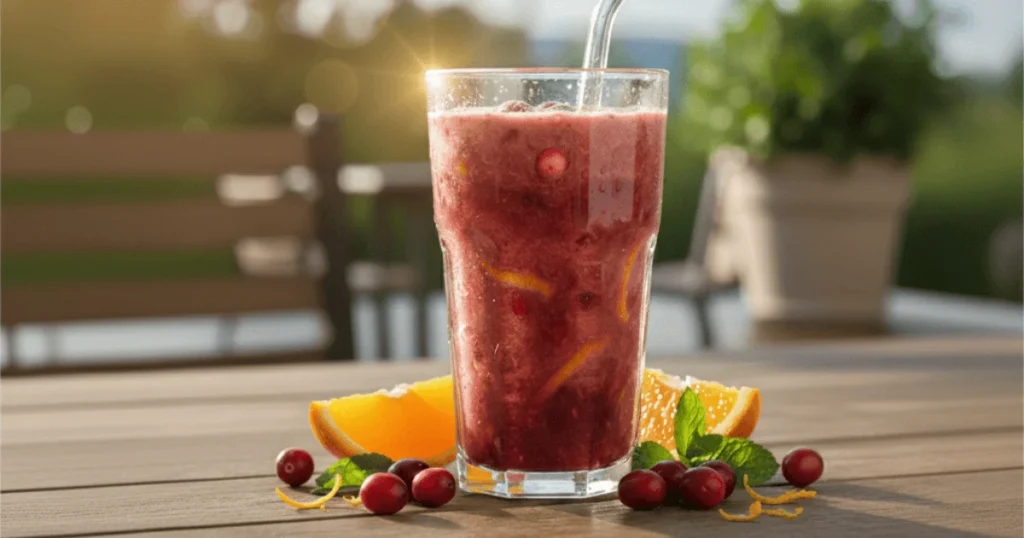 A vibrant cranberry orange smoothie in a tall glass, perfect for a healthy breakfast or snack