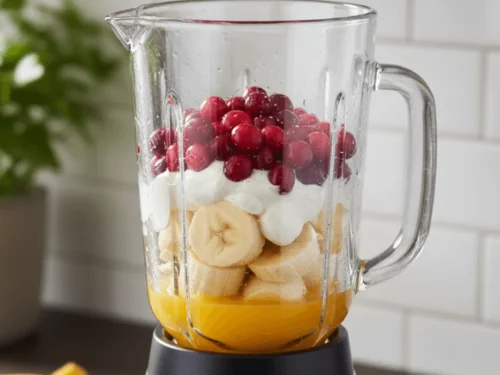 Fresh cranberries, banana, yogurt, and orange juice in a blender, ready for blending