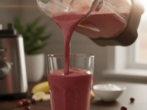 Smoothie pouring from blender into glass, creamy and frosty