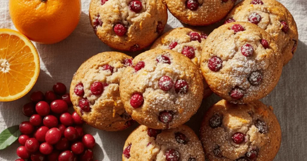 Freshly baked cranberry orange muffins displayed with whole cranberries and an orange, showcasing their golden tops and bright berry pieces.