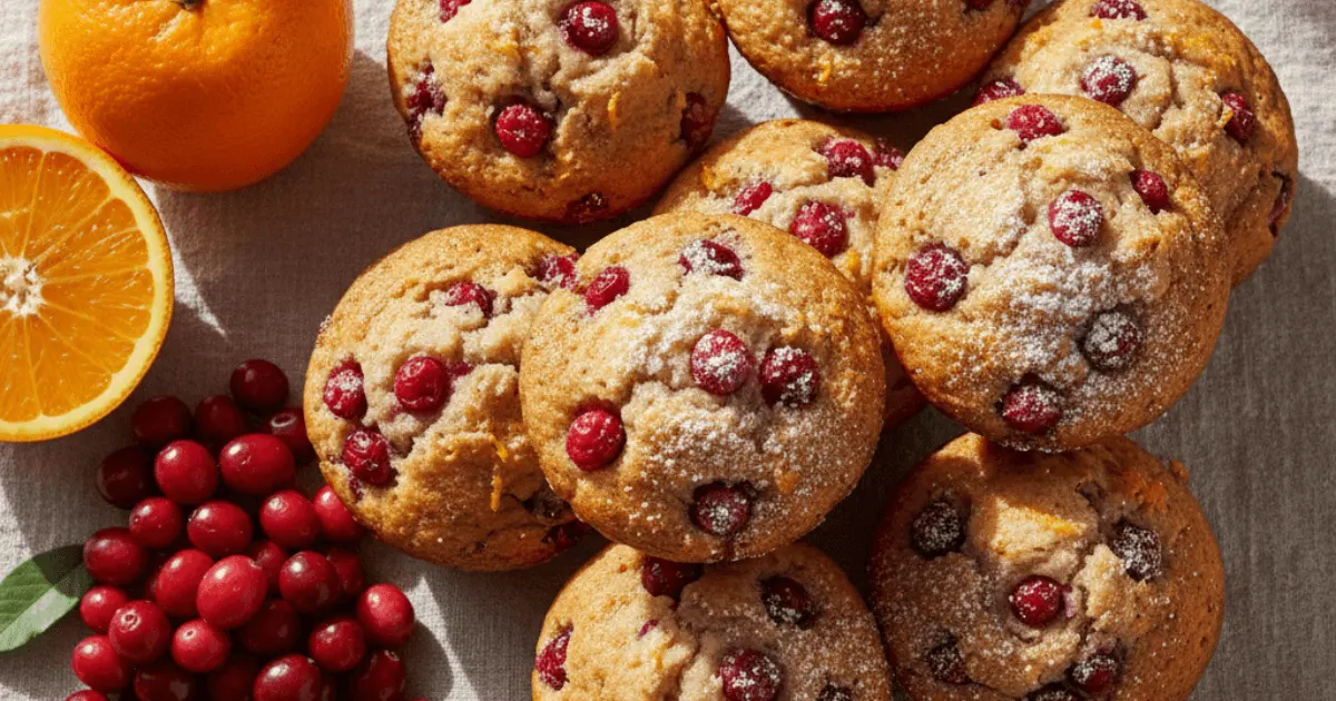 Freshly baked cranberry orange muffins displayed with whole cranberries and an orange, showcasing their golden tops and bright berry pieces.