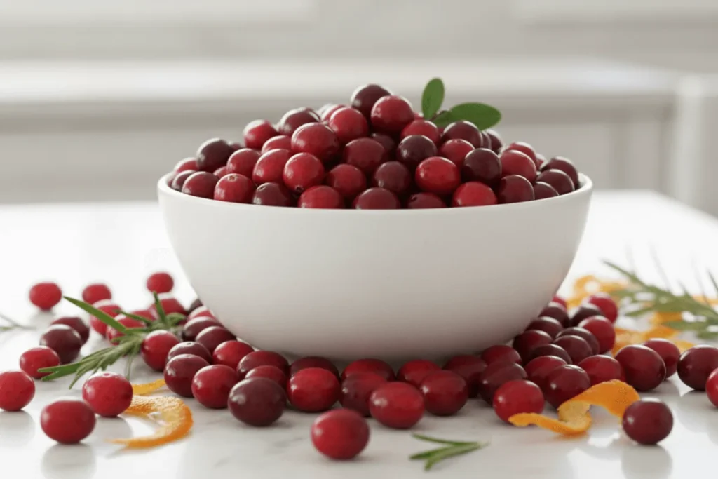 A bowl of fresh, red cranberries surrounded by loose berries, showcasing their vibrant color and freshness.