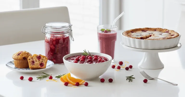 A display of five cranberry treats including fresh cranberry sauce, cranberry apple chutney, cranberry orange smoothie, cranberry orange muffins, and Nantucket cranberry pie, showcasing the versatility of fresh cranberries.