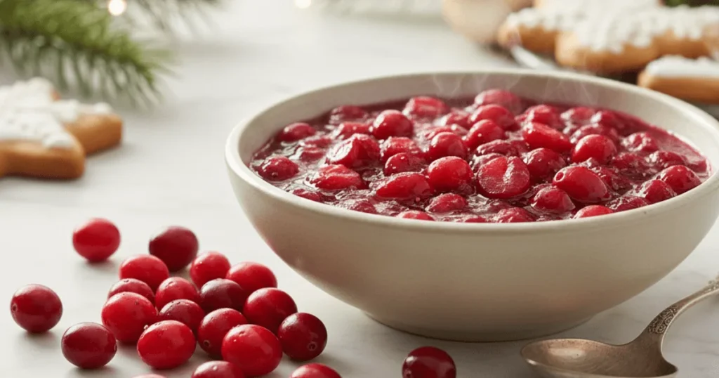 A bowl of homemade cranberry sauce surrounded by fresh cranberries, showcasing the rich red color and thick texture of a simple three-ingredient recipe.