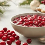 A bowl of homemade cranberry sauce surrounded by fresh cranberries, showcasing the rich red color and thick texture of a simple three-ingredient recipe.
