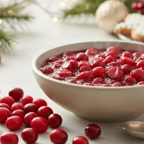 A bowl of homemade cranberry sauce surrounded by fresh cranberries, showcasing the rich red color and thick texture of a simple three-ingredient recipe.