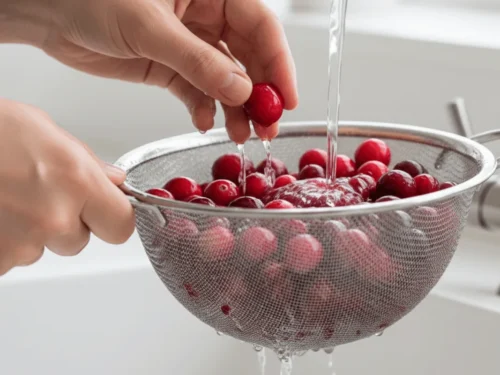 Fresh cranberries being rinsed in a colander as someone sorts out the soft berries before cooking.