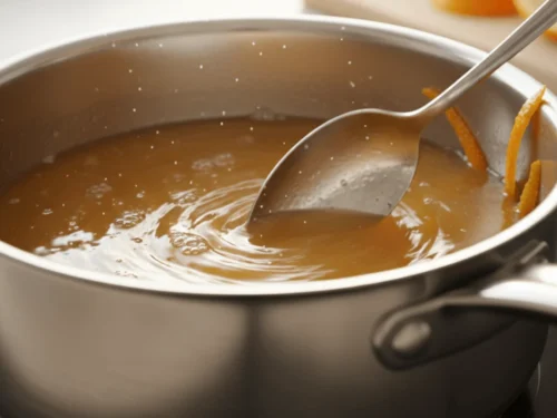 Sugar melting into orange juice in a pot as a spoon stirs the mixture while it starts to bubble.