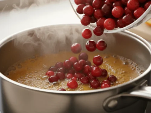 Fresh cranberries being added to a pot of heated orange juice and sugar during the beginning stages of cooking.