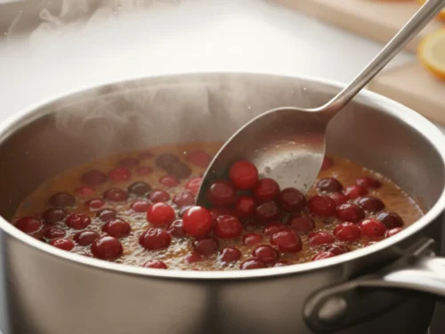 Cranberries cooking in a pot as they burst open and thicken into sauce during the simmering stage.