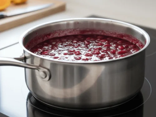 Warm cranberry sauce resting in a pot as it cools and thickens after cooking.