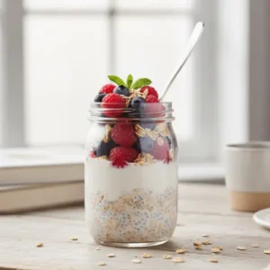 Layered jar of overnight oats with kefir yogurt, berries, and cinnamon for a healthy breakfast or dessert.