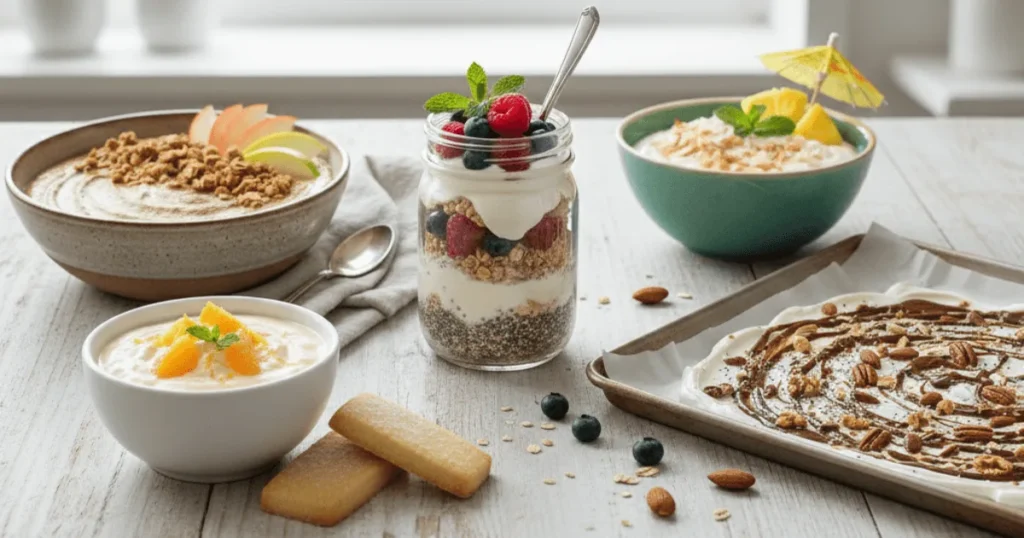 A spoonful of thick kefir yogurt dessert with berries, nuts, and honey, showcasing a healthy, colorful snack idea.