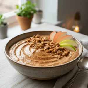 Smoothie bowl of cinnamon apple kefir, topped with granola and apple slices, showcasing a cozy, healthy treat.