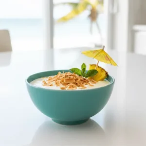 Tropical pineapple and coconut kefir yogurt treat, garnished with coconut flakes and pineapple.