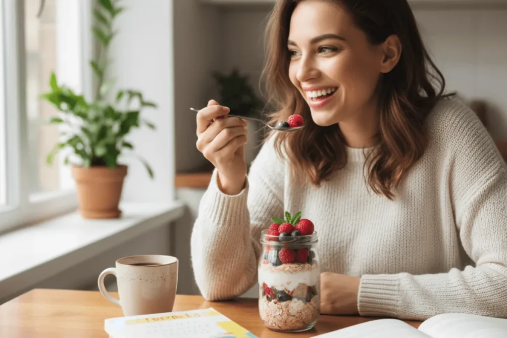 Person presenting a tray of assorted kefir yogurt desserts, inviting readers to try them.