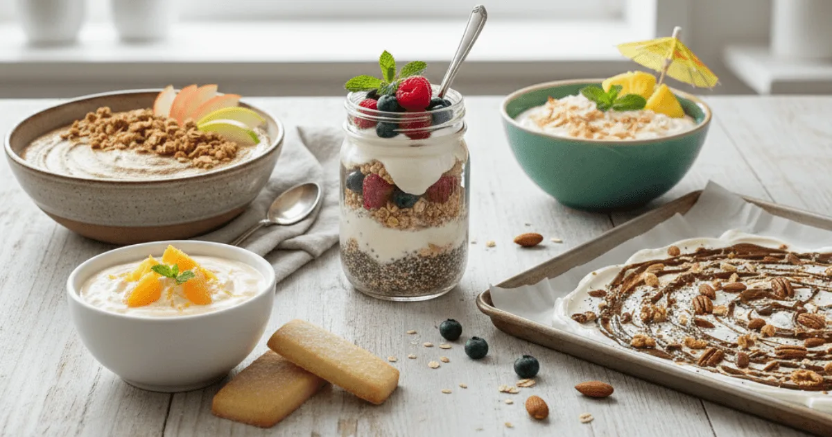 A spoonful of thick kefir yogurt dessert with berries, nuts, and honey, showcasing a healthy, colorful snack idea.