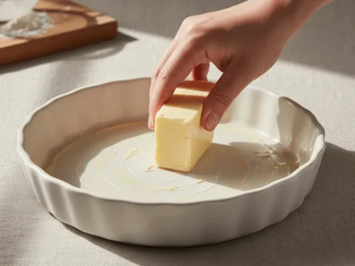 A hand greasing a pie plate with butter to prepare it for the cranberry mixture.