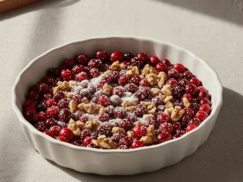 Fresh chopped cranberries and nuts arranged in a pie plate with sugar sprinkled over them.