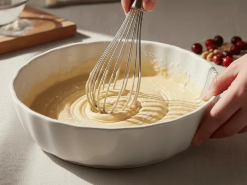 A bowl of batter being whisked until smooth for the Nantucket Cranberry Pie.