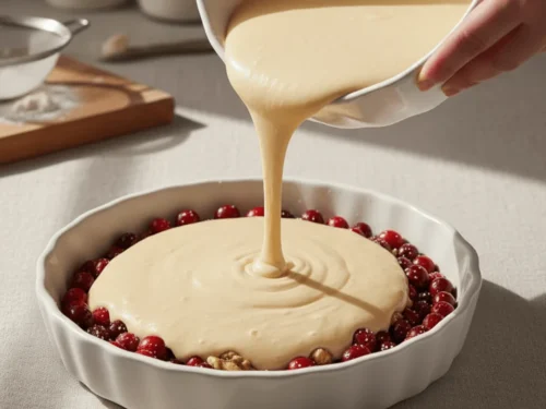 Batter being poured over cranberries and nuts to form the crustless pie.