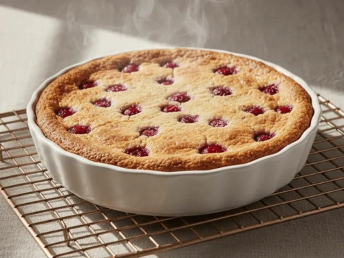 A fully baked Nantucket Cranberry Pie with a golden crust-like surface.