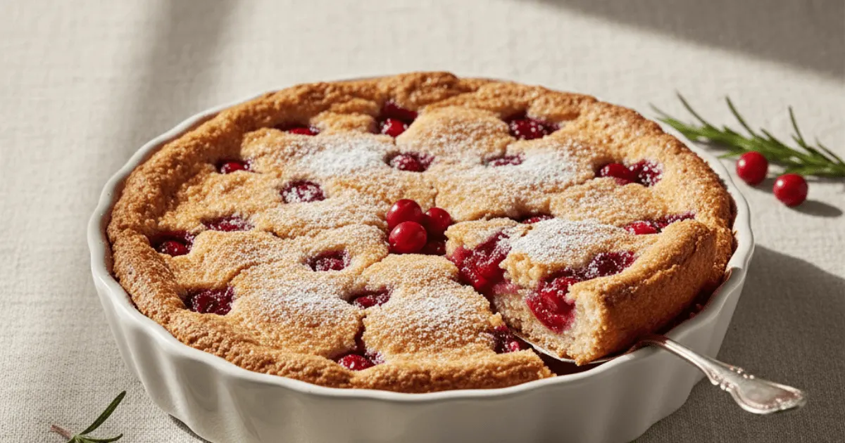 A golden-brown Nantucket Cranberry Pie with cranberries peeking through the surface, showcasing its signature crustless cake texture.