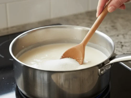 Cream and sugar being gently heated in a saucepan for authentic Italian panna cotta.