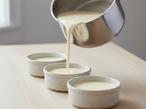 Panna cotta mixture being poured into ramekins before chilling and setting.