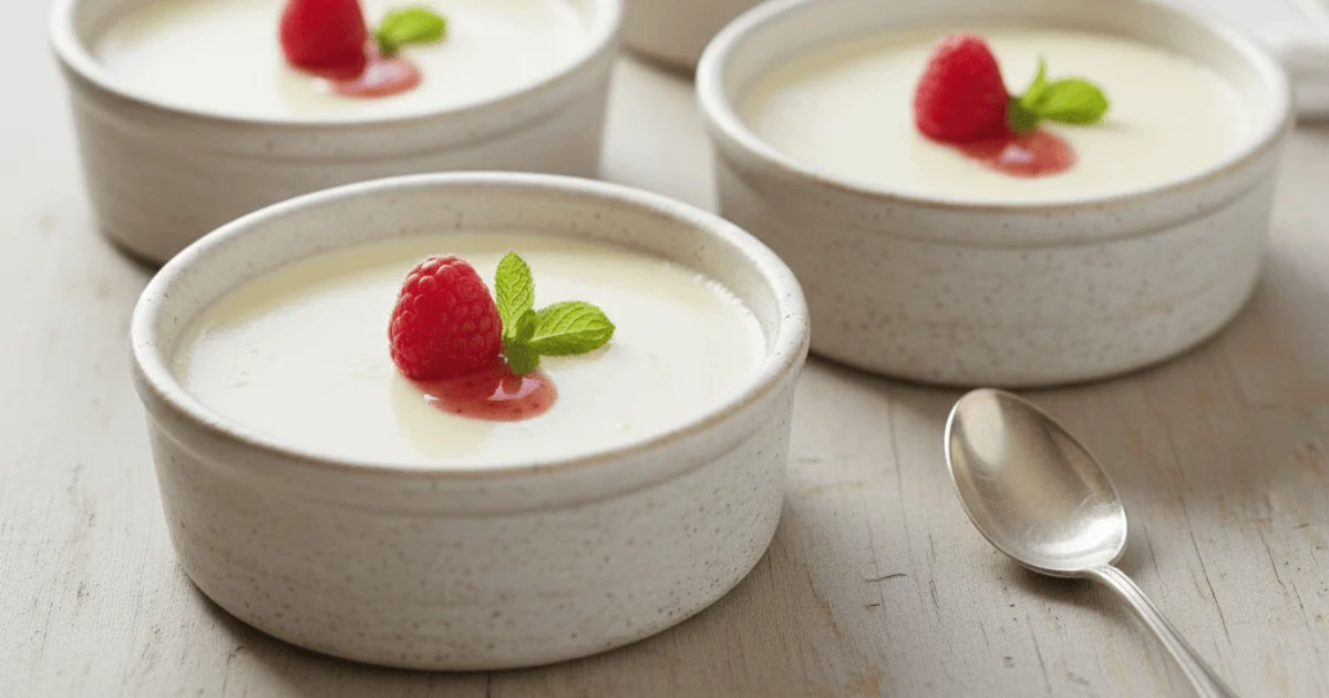 Classic Italian panna cotta served with fresh berries and fruit sauce, showcasing its smooth and creamy texture.