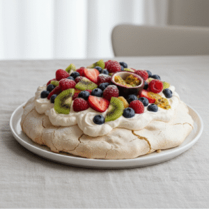 A full pavlova dessert topped with whipped cream and fresh fruits, showing its crisp shell and marshmallow-like center. Ideal for highlighting the final result of the recipe.