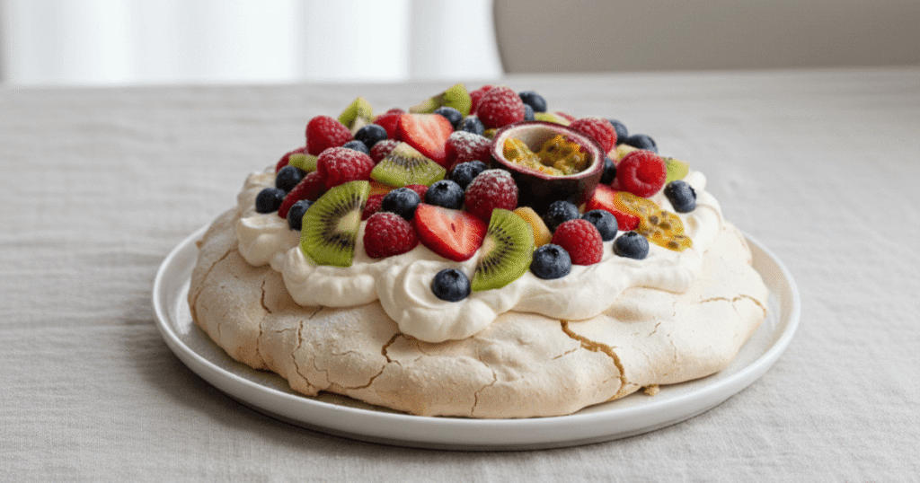 A full pavlova dessert topped with whipped cream and fresh fruits, showing its crisp shell and marshmallow-like center. Ideal for highlighting the final result of the recipe.