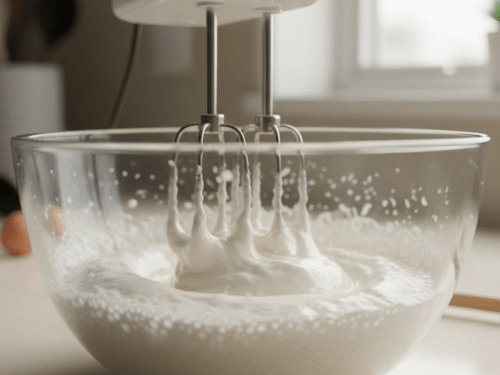 Egg whites being whipped to soft peaks in a mixing bowl using an electric mixer. Demonstrates the essential first stage of making pavlova.