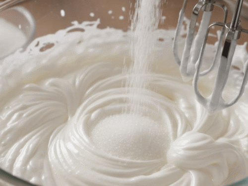 A close view of sugar being added slowly to whipped egg whites to achieve a glossy, stiff meringue. Important for ensuring proper structure.