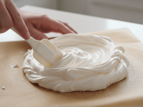 A baker forming a tall, round pavlova nest on a parchment-lined tray with a spatula. Helps readers visualize how to shape the dessert.