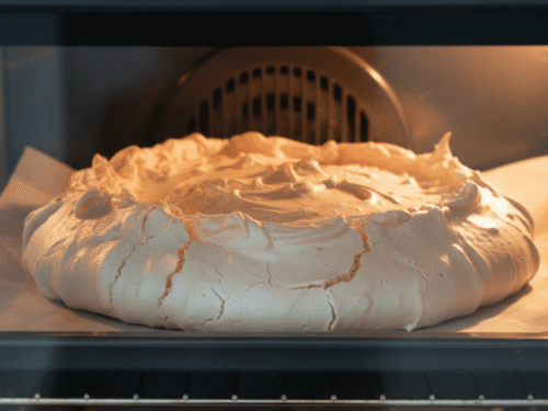 A pavlova baking slowly inside the oven, showing its puffing and setting structure. Demonstrates the low-and-slow baking method.