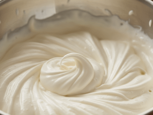Heavy cream being whipped to thick, fluffy consistency in a mixing bowl. Shows how to prepare the topping for the pavlova.