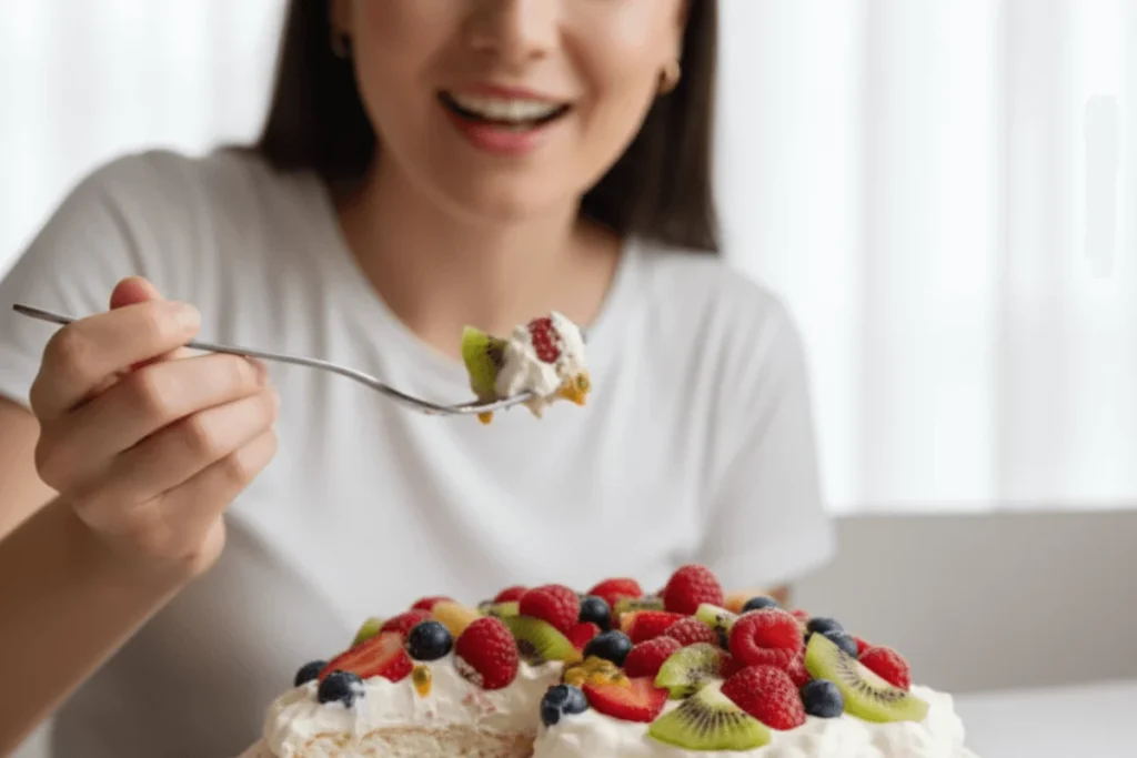 A close-up, slightly angled overhead view of a freshly prepared Pavlova Recipe. The crispy, light brown meringue base is topped with generous dollops of white whipped cream and a vibrant mix of fresh fruits, including sliced kiwi, red raspberries, whole blueberries, sliced strawberries, and a halved passion fruit centerpiece, all dusted lightly with powdered sugar. The dessert is presented on a white plate against a soft, neutral-colored linen background under natural light.